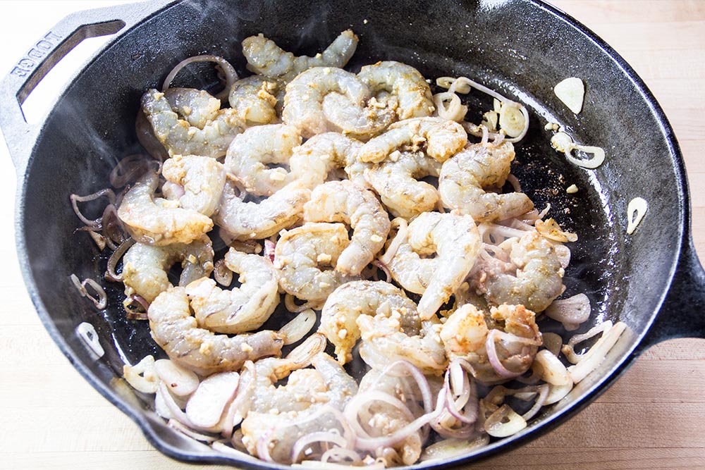 Sauteing Marinaded Shrimp, Shallot & Garlic