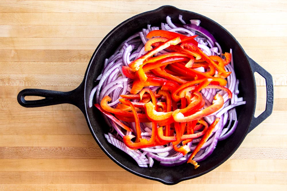Adding Red Onion & Red Bell Pepper to Cast Iron Skillet