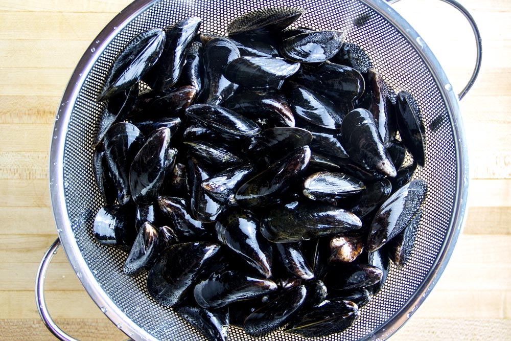 Cleaned Mussels in Colander