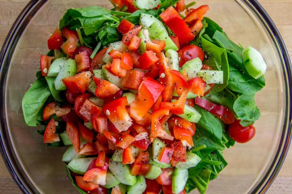 Spinach Salad with Cherry Tomatoes, Cucumber, Red Bell Pepper & Chickpeas