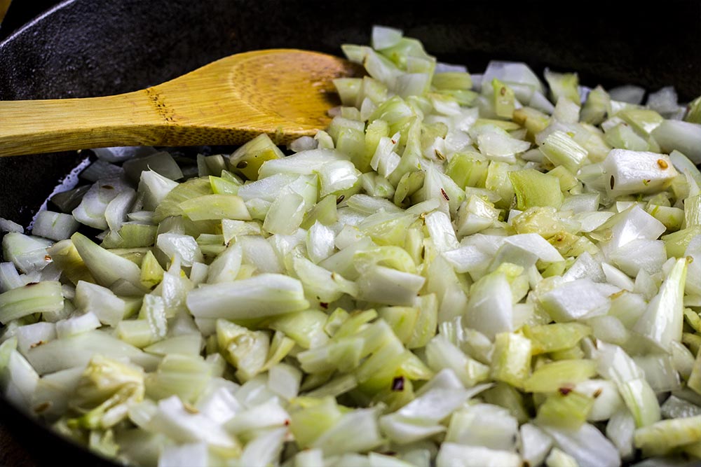 Browning Chopped Fennel & Onion in a Cast Iron Skillet