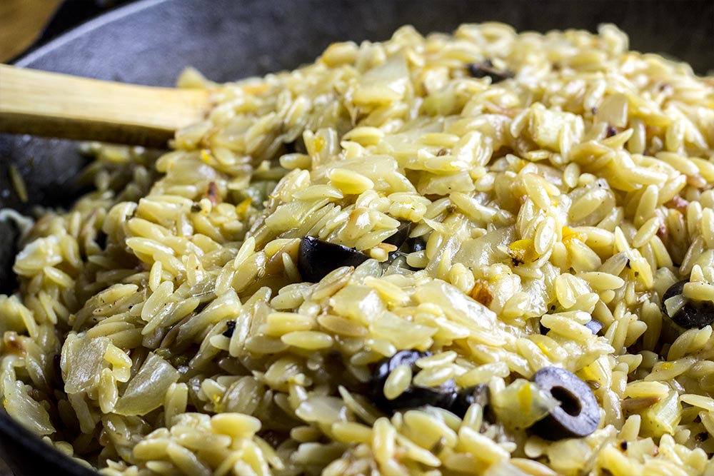 Cooked Orzo Pasta in Lodge Cast Iron Skillet