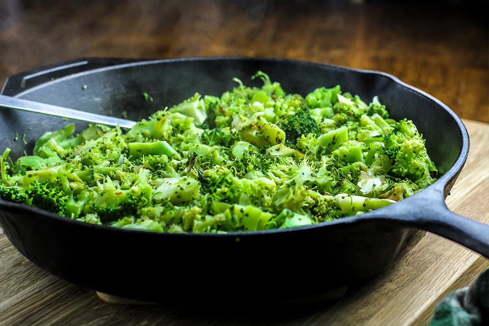 Cooked Broccoli in Cast Iron Skillet