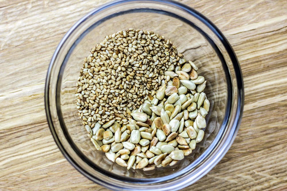 Toasted Sunflower & Sesame Seeds in a Small Glass Bowl