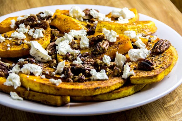 Roasted Butternut Squash with Pecans, Goat Cheese & Syrup Recipe