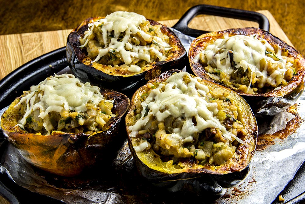 Stuffed Acorn Squash with Parmesan Cheese on Top