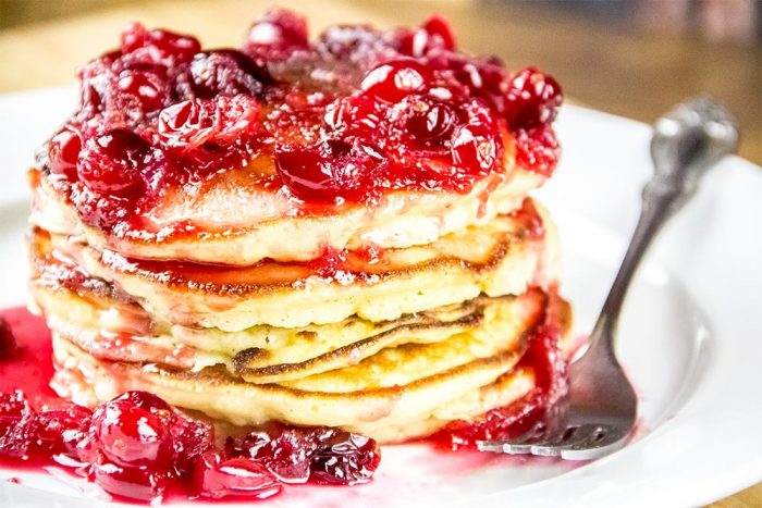 Spiced Eggnog Pancakes with Sweet Cranberry Topping Recipe