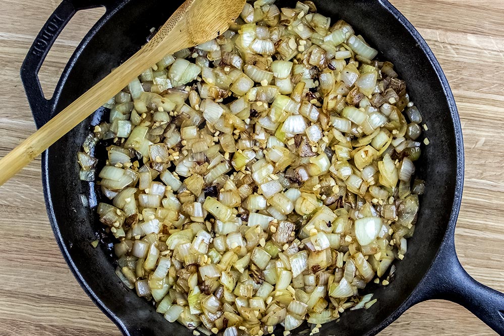 Browned Onions and Garlic in a Large Cast Iron Skillet