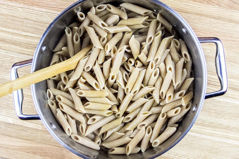 Cooked Whole-Grain Wheat Pasta in Pot