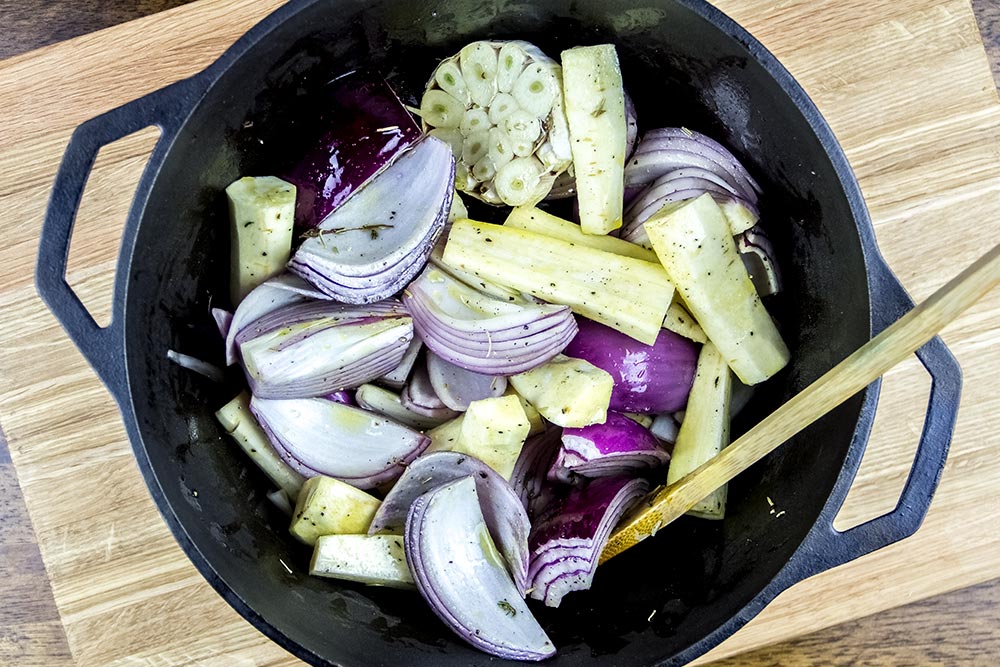 Raw Vegetables in Lodge Cast Iron Dutch Oven