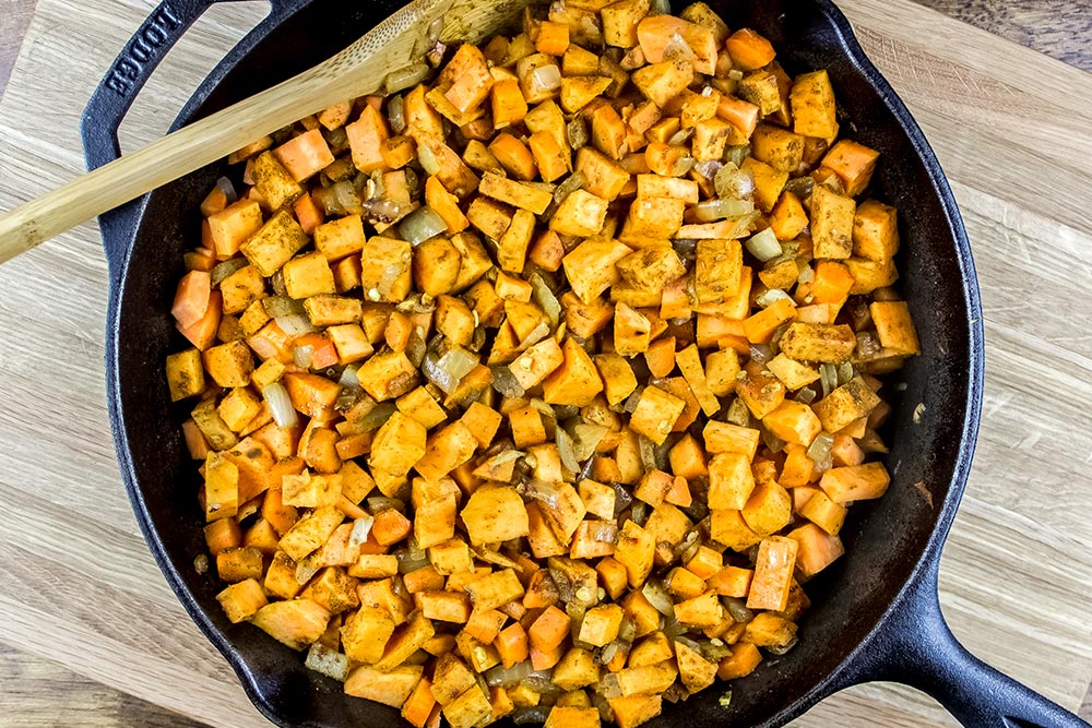 Chopped Carrots and Sweet Potatoes in Skillet