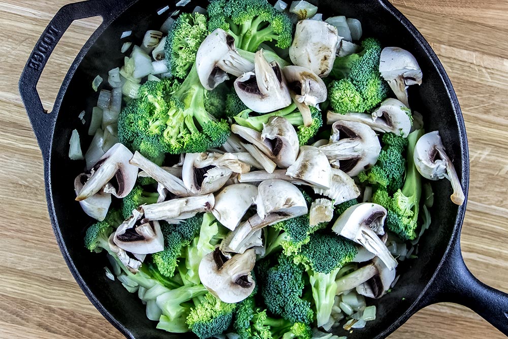 Onions, Mushroom and Broccoli in Cast Iron Skillet