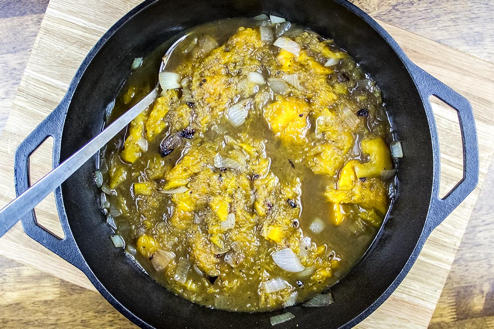 Squash Soup Ingredients Mixed in Lodge Cast Iron Dutch Oven