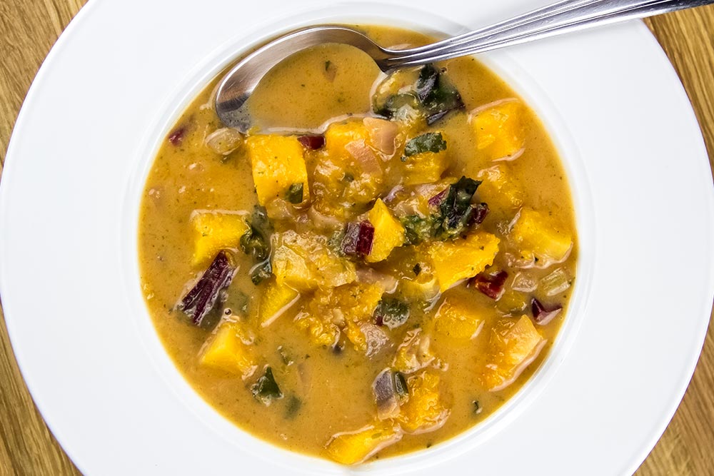 Butternut Squash, Coconut and Beet Green Soup
