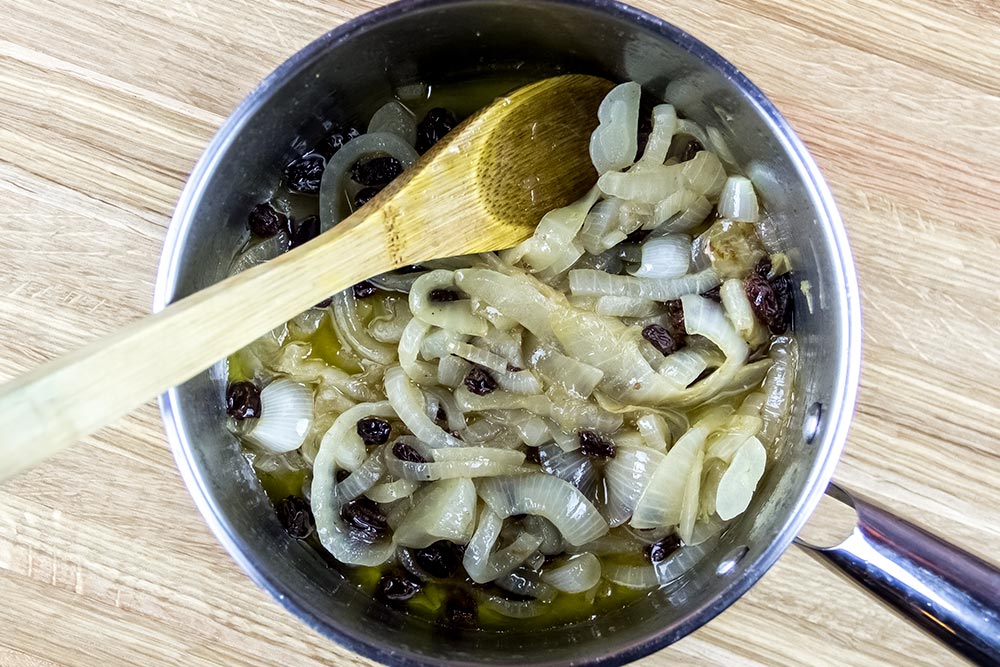 Caramelized Onions with Raisins and Sherry Vinegar in Saucepan