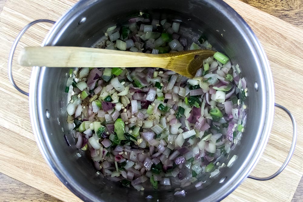 Cooked Onions and Scallions in Large Pot
