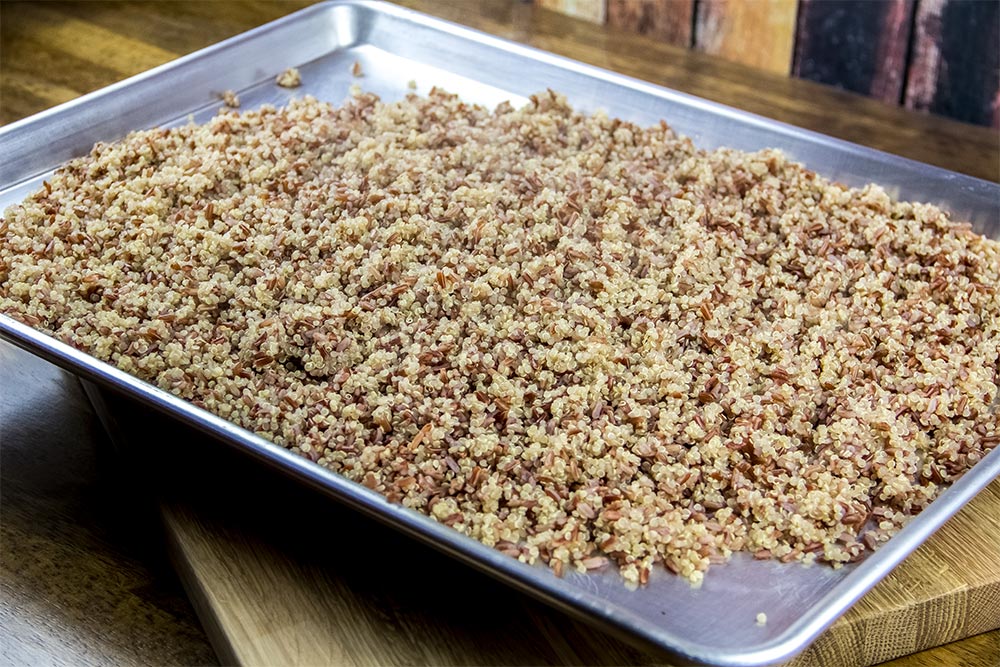 Cooling Red Rice and Quinoa on a Large Baking Sheet