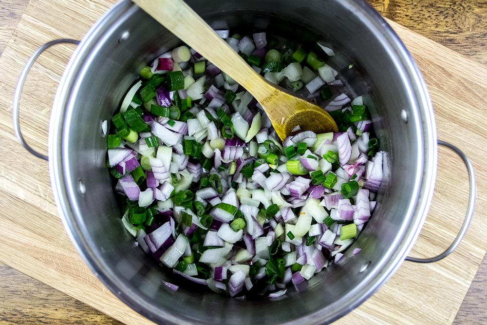 Raw Onions and Scallions in Large Pot