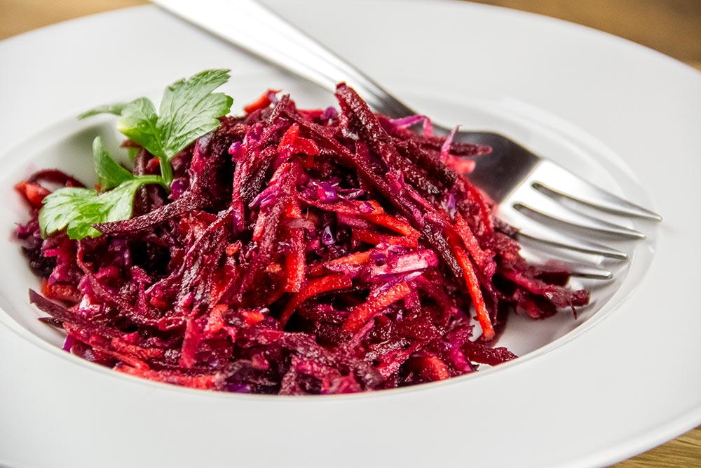 Beet, Carrot & Red Cabbage Slaw with Maple Syrup Vinaigrette Recipe