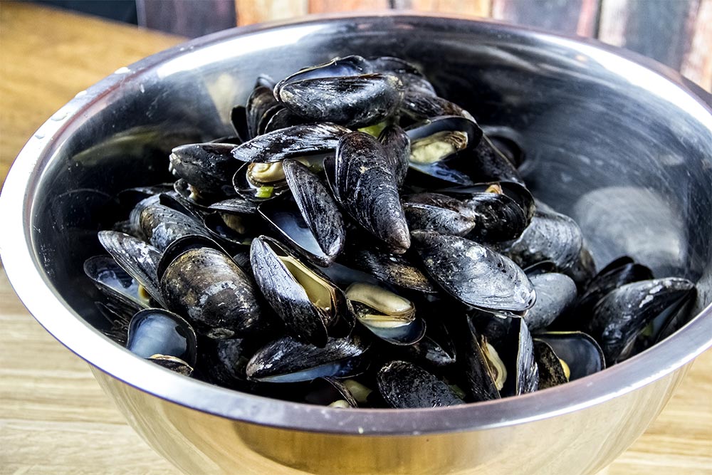 Cooked Mussels in Large Bowl