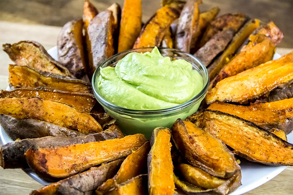 Crispy Sweet Potato Wedges with Avocado Cream Dip