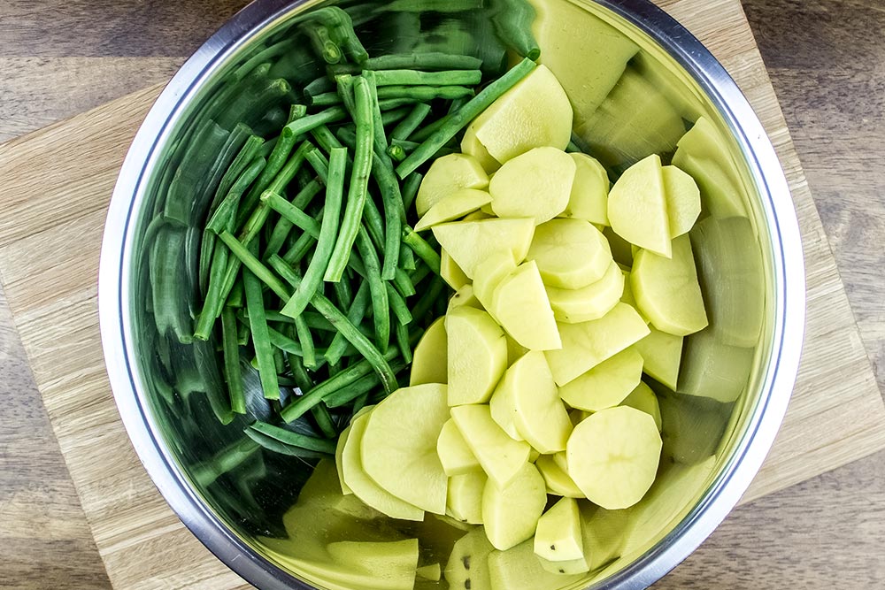 Prepped Green Beans and New Potatoes in Large Bowl