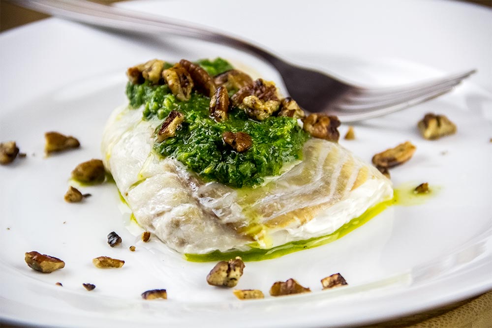 Alaska Pollock in Parchment with Basil Pesto & Toasted Pecans Recipe