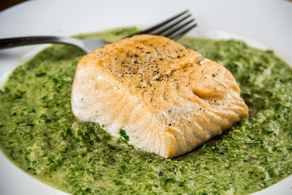 Baked Salmon Fillet With Watercress, Spinach & Coconut Sauce Recipe