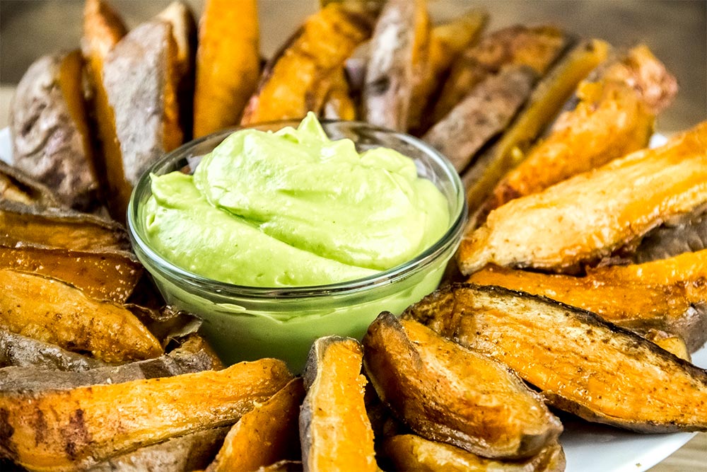 Roasted Maple Sweet Potatoes with Avocado Cream Recipe