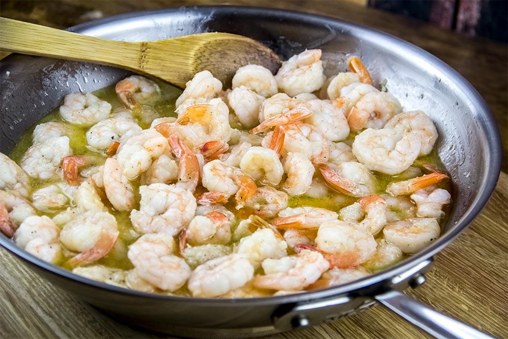 Cooking Shrimp On Stove Top in Large Skillet