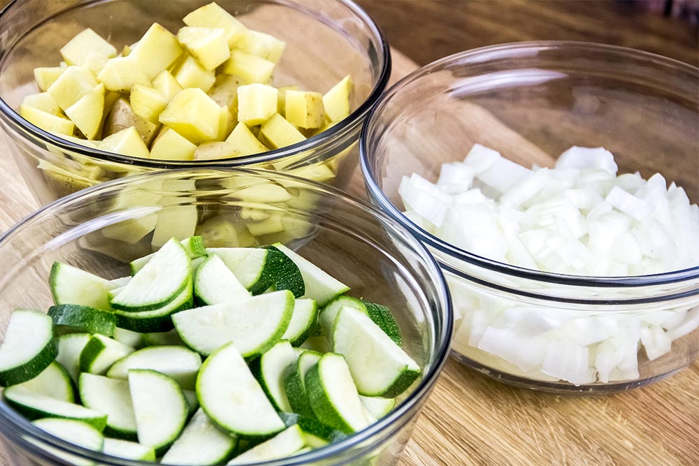 Sliced Zucchini, Chopped Onions and Diced Potatoes