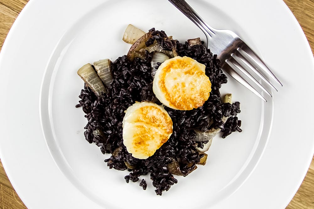 Scallops, Black Rice and Caramelized Onions