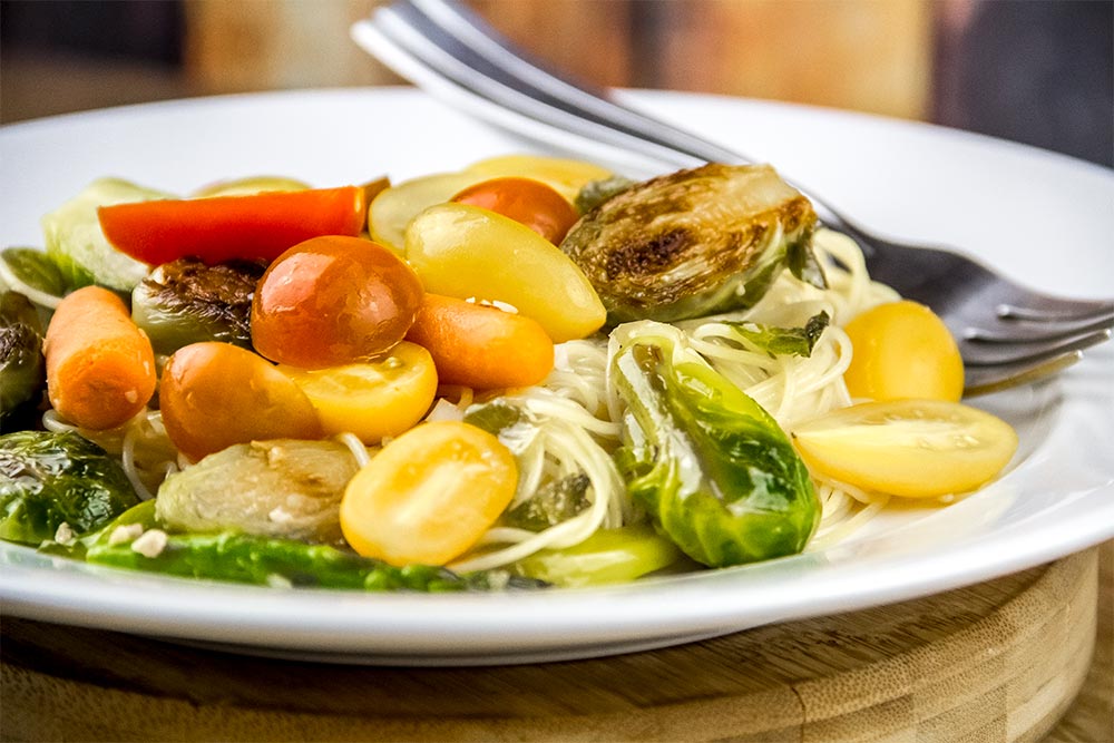 Angel Hair Pasta, Tomatoes, Brussels Sprouts and Vegetables Recipe