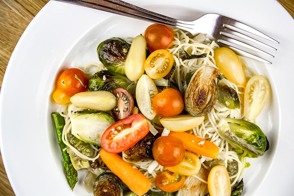 Angel Hair Pasta with Roasted Brussels Sprouts & Tomatoes Recipe