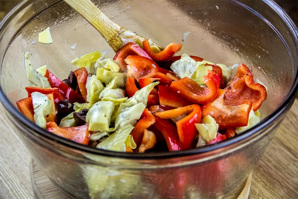 Artichokes and Red Bell Peppers in Bowl