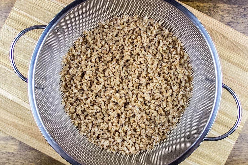 Cooked Farro in a Bellemain Colander
