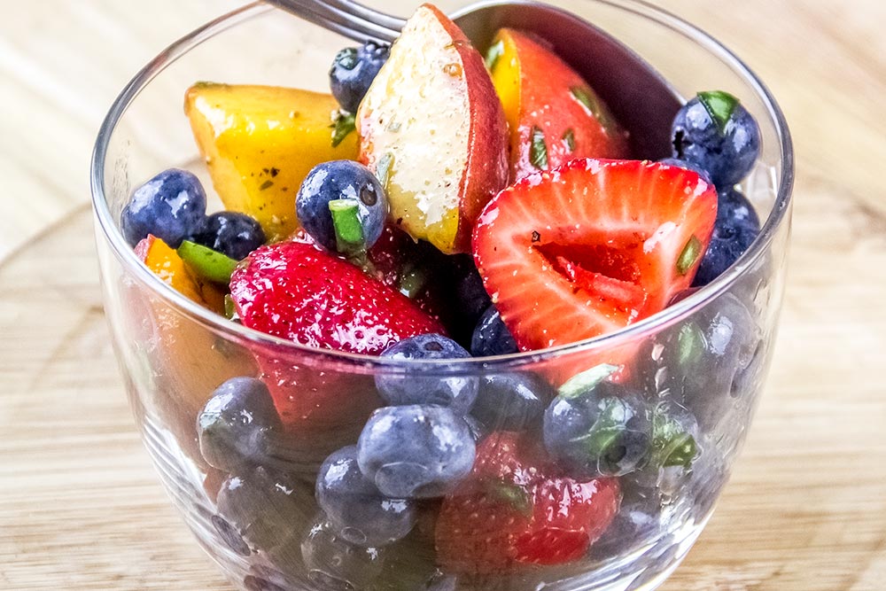 Peaches, Blueberries & Strawberries with Basil & Pepper Dessert Recipe