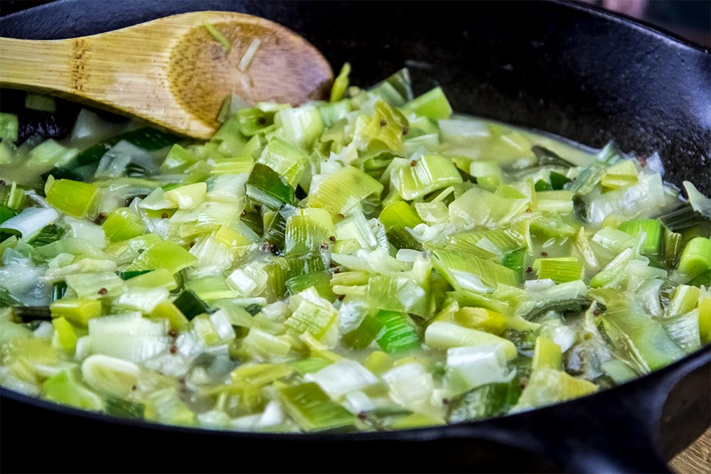 Softened Leeks in Cast Iron Skillet