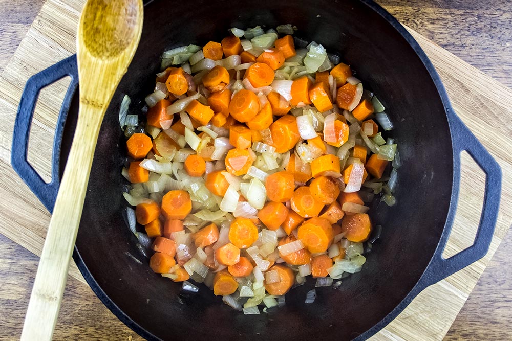 Softened Onions and Carrots in Lodge Cast Iron Dutch Oven