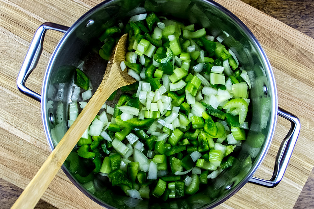 Softening Vidalia Onion, Green Pepper and Celery in Large Pot