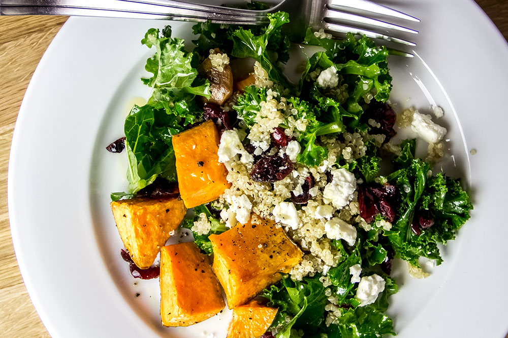 Kale Salad with Roasted Sweet Potatoes, Cranberries & Feta Cheese Recipe