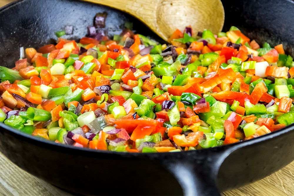 Sauteing Red and Green Bell Pepper in Skillet