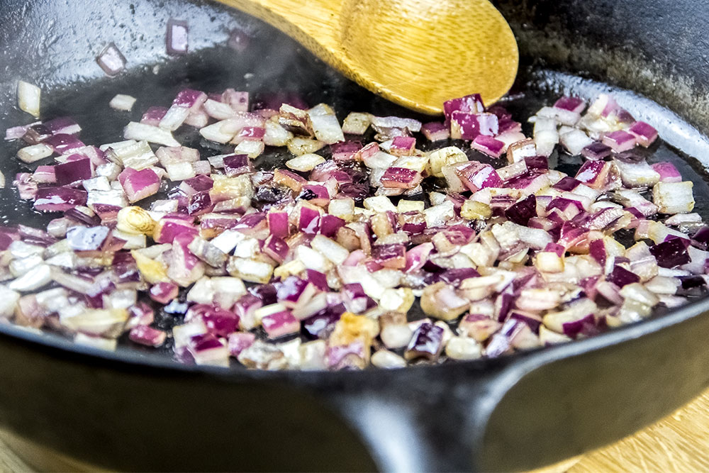 Sauteing Red Onion in Cast Iron Skillet