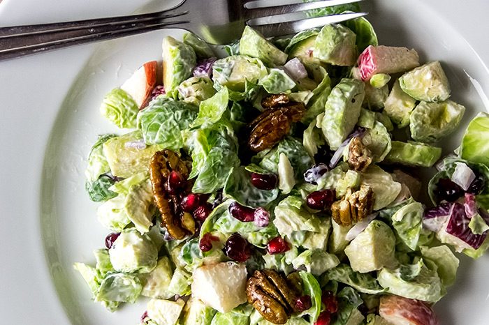 Brussels Sprouts, Apple & Pomegranate with Candied Pecans Salad Recipe