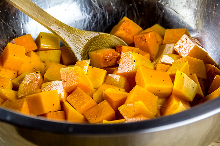 Tossed Butternut Squash Cubes in Large Bowl