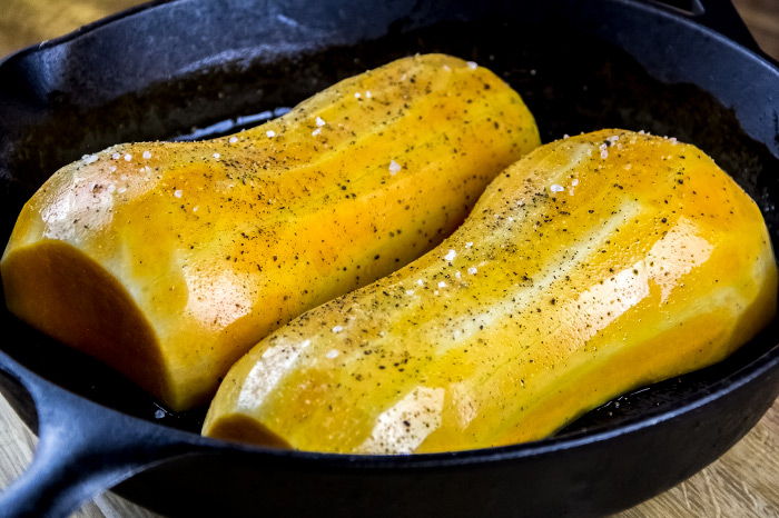 Peeled Butternut Squash in Cast Iron Skillet