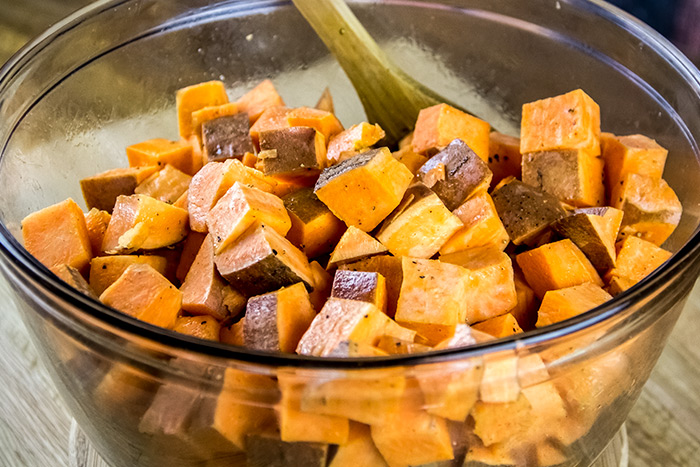 Oil Coated Cubed Sweet Potatoes