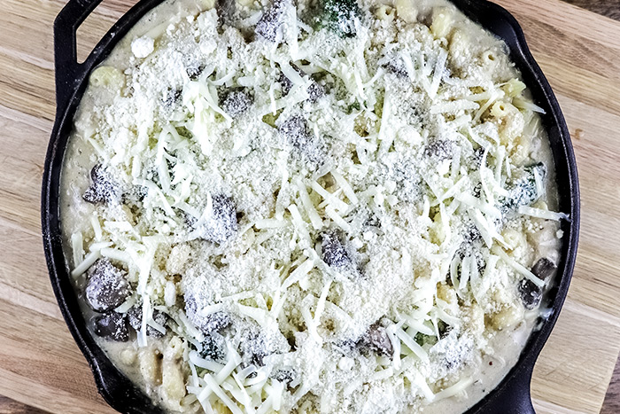 Uncooked Mac & Cheese Gratin in Large Skillet