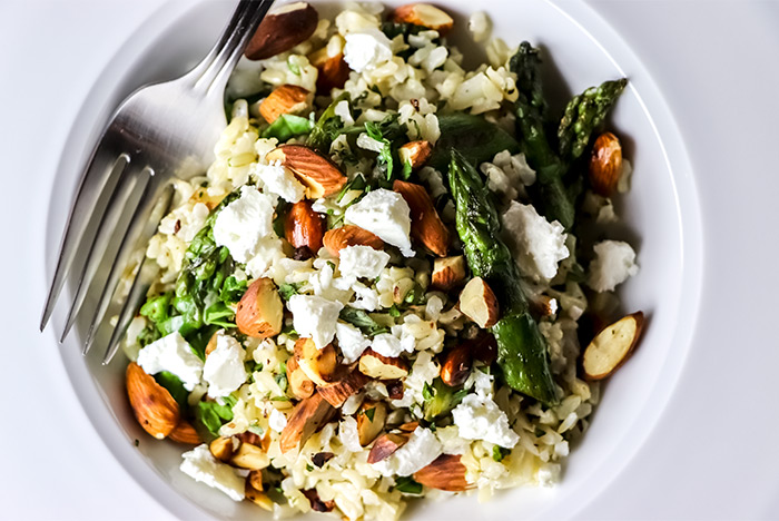 Brown Rice Salad with Chopped Almonds, Goat Cheese & Asparagus Recipe