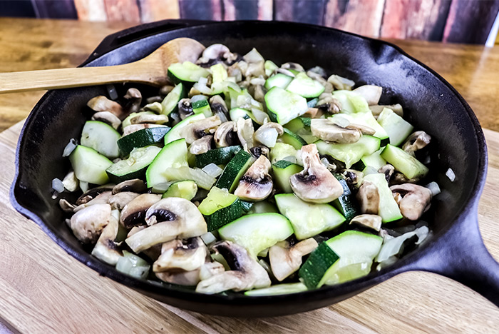 Cooking Onion, Zucchini & Mushroom in Skillet